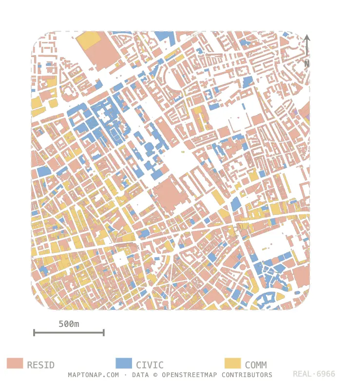 Land use map of Bloomsbury, London, generated in MapToNap
